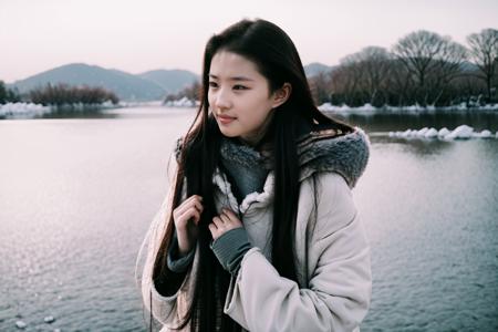 (photorealistic, raw photo:1.1),hyperrealism,ultra high res,4K,Best quality,masterpiece,
portrait photography,film photography,long shot,negative space,
Winter at West Lake. Stream flows. Lake frozen with thick ice and thin snow. Broken Bridge Covered in Snow spans over ice with thin snow. (1girl wears thick red fur cloak over red long shirt,holding snow in her hands). Her breath turns into white vapor,rises in cold air,complements white snow and ice on lake. Scene in black and white,using simple lines and textures to show contours and details,reveals serene and beautiful winter scenery of West Lake,makes people feel cold and peaceful.,
soft light,rim light,beautiful shadow,low key,in the dark,<lora:NegStd1:0.5> ,<lora:LYF203:1>