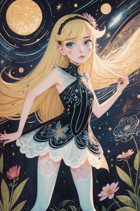 slender star butterfly, beautyful eyes, long blonde hair,  lace armor with flower details, stripped tights, background with shining stars, surrealistic,tuyawang,abstract,doodle art<lora:StarButterfly_v1.1:0.6> <lora:TUYA5:0.6> <lora:beauty_eyes:0.4>