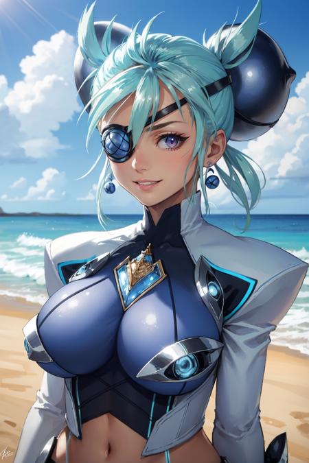 masterpiece, best quality, praxis, eyepatch, earrings, hair ornament, blue bodysuit, midriff, ocean, large breasts, upper body, looking at viewer, smile, furrowed brow, smirk <lora:praxis-nvwls-v1-000010:0.9>