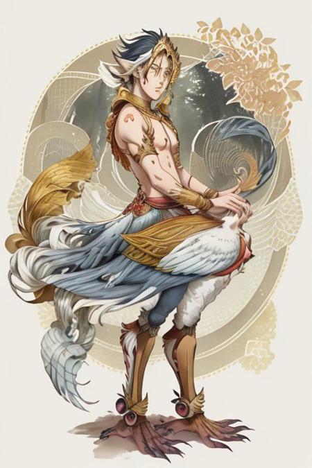 1boy, kinnara, watercolor, blue and red feathers, full body, split feathers, yellow feathers, white feathers, forest, anime