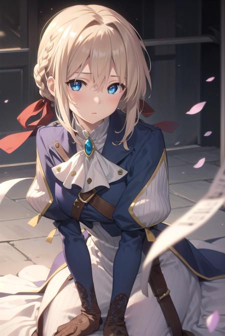 violetevergarden, <lora:violetevergardentest:1>,
violet evergarden, blonde hair, blue eyes, hair ribbon, ribbon, short hair, braids, hair braids, red ribbon, mature female,
BREAK blue jacket, brown gloves, cropped jacket, dress, gloves, green brooch, jacket, juliet sleeves, long sleeves, puffy sleeves, white dress,
BREAK looking at viewer,
BREAK outdoors, city,
BREAK <lora:GoodHands-vanilla:1>, (masterpiece:1.2), best quality, high resolution, unity 8k wallpaper, (illustration:0.8), (beautiful detailed eyes:1.6), extremely detailed face, perfect lighting, extremely detailed CG, (perfect hands, perfect anatomy),