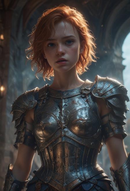 High resolution ultra-realistic of Beautiful Warrior Sadie Sink as Joan of Arc, 8k, capturing the intensity of the moment, cinematic lighting, standing on a bloody and stormy battlefield in bloody battle, wavy red hair, realistic dirty pale face, realistic blue eyes,  beautiful hourglass figure, burning in a medieval Town, intricately designed iron and silver armor, Dark Ages Aesthetic, perfect athletic figure, beautiful Warrior Joan of Arc, fire, ultra realistic, cinematic style, vigorous and seductive, athletic figure, dark fantasy, dramatic lighting, wet and sweaty skin, dirty skin, athletic figure, dark fantasy, dramatic lighting, Greg Rutkowski style,, Warrior Joan of Arc on in iron armor, hyper-detailed, hyper-realistic, bright colours, Attractive 21 old years girl, Attractive, beautiful firm Breasts, sharp focus, digital painting, Photograph Taken on Nikon D750, Alphonse Mucha, 8K, athletic figure, Hyperdetailed, hyperrealism, Attractive, Attractive bust girl, asymmetric balance