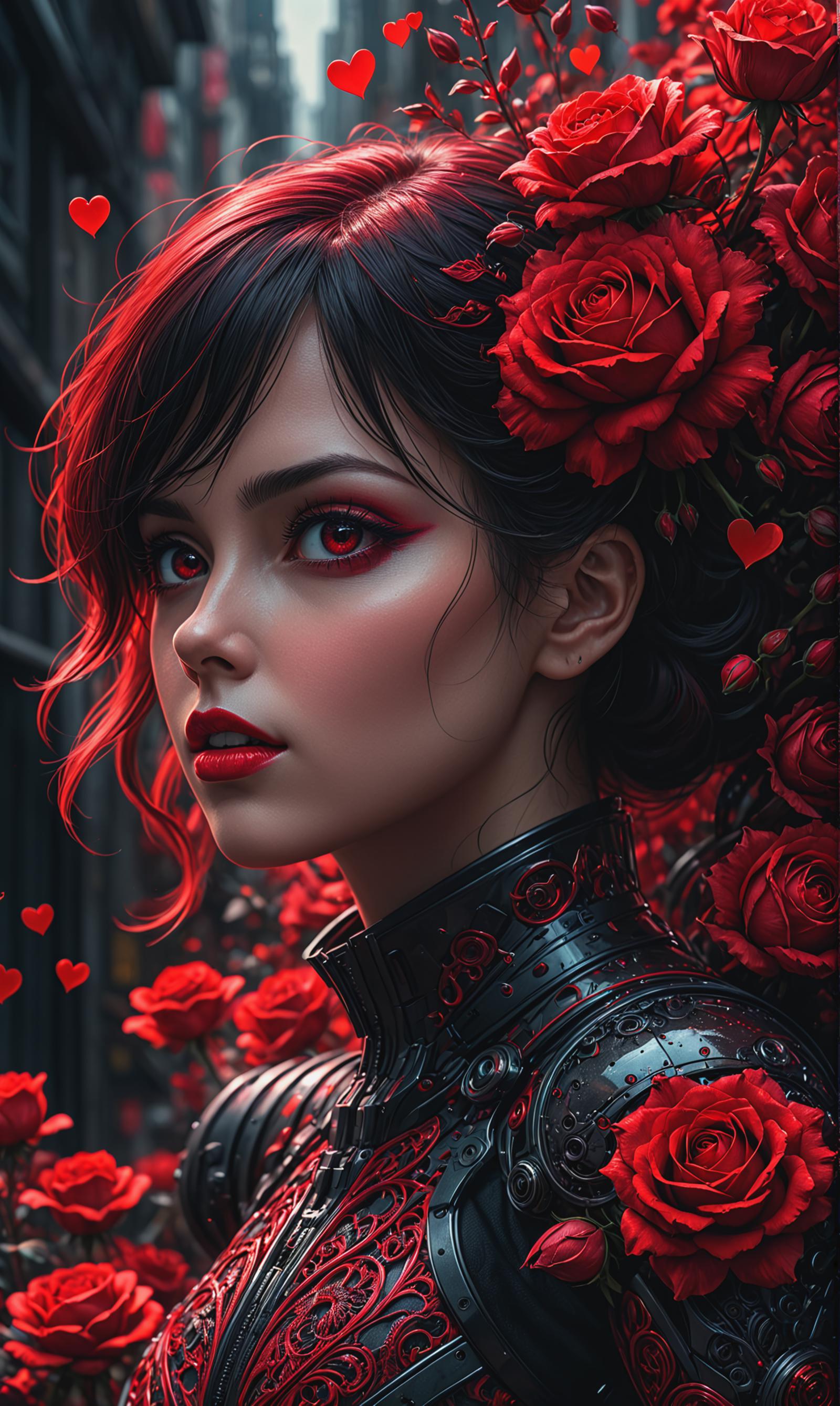 Digital Art Image of a Woman with Red Eyes and Red Lips Wearing a Black Armor with Red Roses and Hearts.