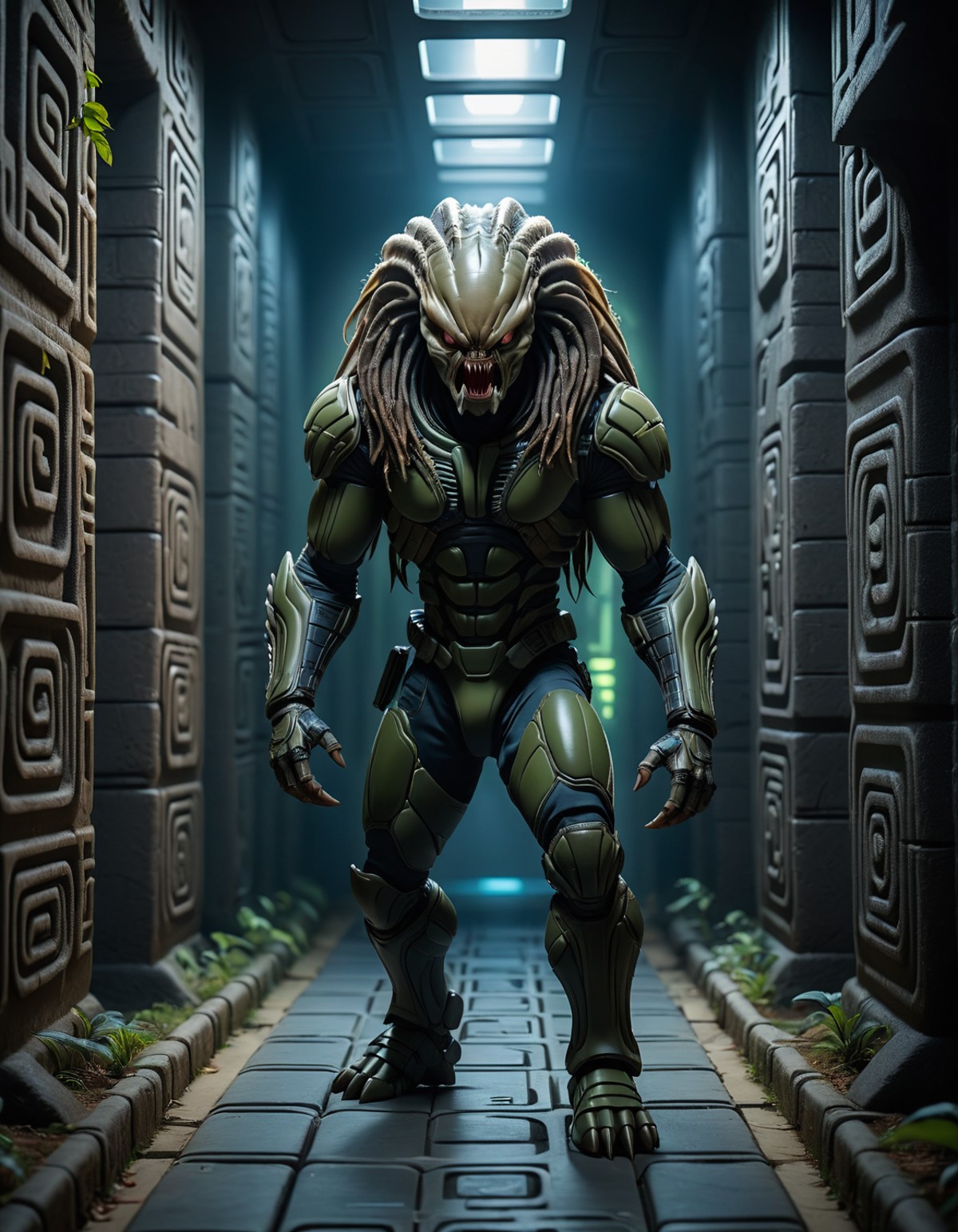 Alien predator stalking a crew in a maze-like space maze., (digital cinematic color grading natural lighting cool shadows ...
