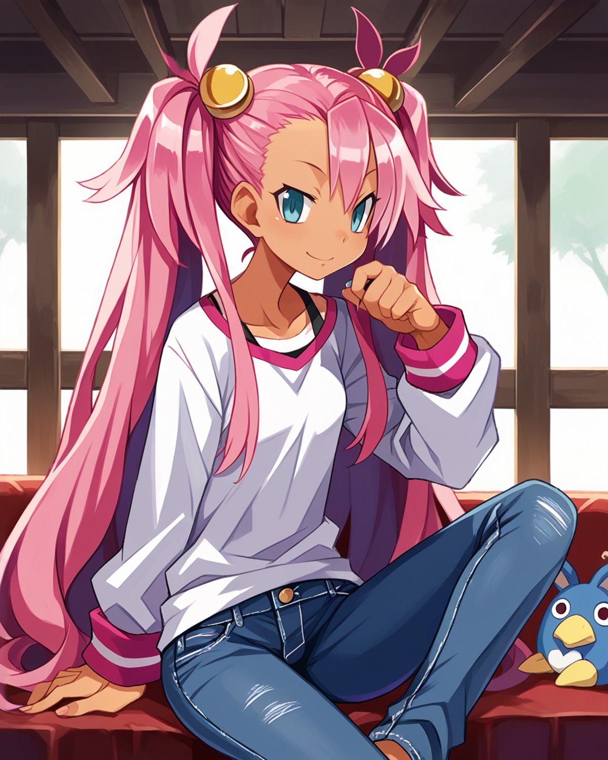 score_9, score_8_up, score_7_up, source_anime, solo, 1girl, pink hair, long hair, twintails, seductive smile, jeans, xanad...