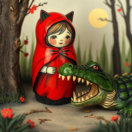 the little shy red riding hood wolf girl hunted by a crocodile matryoshka doll, no humans