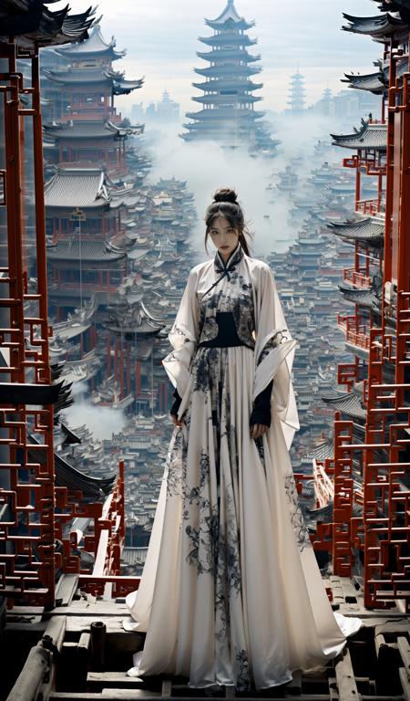 (dramatic, gritty, intense:1.4),masterpiece, best quality, 8k, insane details, intricate details, hyperdetailed, hyper quality, high detail, ultra detailed, Masterpiece, elaborate HanfuHanfu, (Chinese architecture:1.5)
 stands amidst a bustling metropolis' futuristic architecture.  This full body shot for Vogue, captured by Andreas Gursky, melds tradition and modernity <lora:elaborate Hanfu_20230808075428-000016:1>