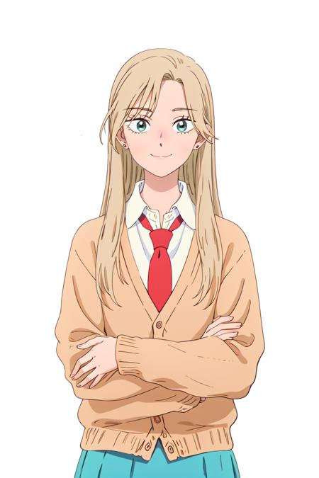 best anatomy, detailed eyes, perfect eyes, yuzukiv1, long hair, grey eyes, 1girl, solo, looking at viewer, smile, blue eyes, skirt, blonde hair, simple background, shirt, long sleeves, white background, school uniform,  white shirt, pleated skirt, necktie, shoes, socks, collared shirt, blue skirt, kneehighs, brown footwear, cardigan, red necktie, black socks, loafers, upper body, portrait, Standing with one hand touching the chin, <lora:YuzukiV1:0.9>