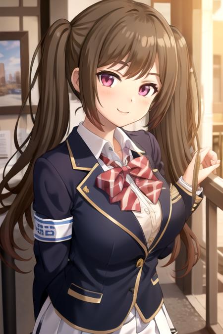 Isezaki Ema long hair,brown hair,twintails,bangs,pink eyes school uniform,black jacket,blazer,red bowtie,white shirt,collared shirt,long sleeves,armband,large breasts,skindentation,miniskirt,white skirt,pleated skirt,blue socks,black footwear,loafers