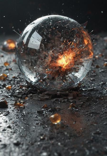 (explosion:2.0) of a broken glassy orb that smashed hard on the rainy wet ground, glass pieces throws around, take apart glasses, reflection on the damp on the ground dark smoky background with brilliant colors, high quality, professional photo, (intricate detail), (incredibly detailed), Surreal Harmony, cinematic, lighting, 8K, HDR10, analog,