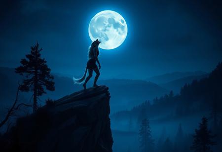 Masterpiece, best quality, highres, 8K, HDR, absurdres, cinematic lighting, electric blue glow, full moon, nighttime ambiance. From a high vantage point in the wilderness, the frame captures a dramatic scene bathed in deep night blues and shadows. Atop a jagged cliff stands a lone werewolf woman mid-howl, her silhouette stark against the glowing full moon that looms massive in the sky. Her form is both feral and feminine lean muscular limbs, elongated claws, arched spine, and wild silver-blue fur that glimmers faintly under the moonlight. Her long hair blends seamlessly into her mane, and her face is frozen in a powerful howl, sharp fangs exposed, glowing eyes aimed skyward. The moon dominates the top portion of the image, its surface crisp and detailed, casting an ethereal electric-blue sheen across the entire scene. The cliff drops steeply into a dark, mist-laced forest below, untouched and silent, adding to the vast sense of isolation. Wind whips her fur and the surrounding grass, adding motion and tension to the scene. She is primal beauty and wild sorrow, framed by nature’s untamed majesty.