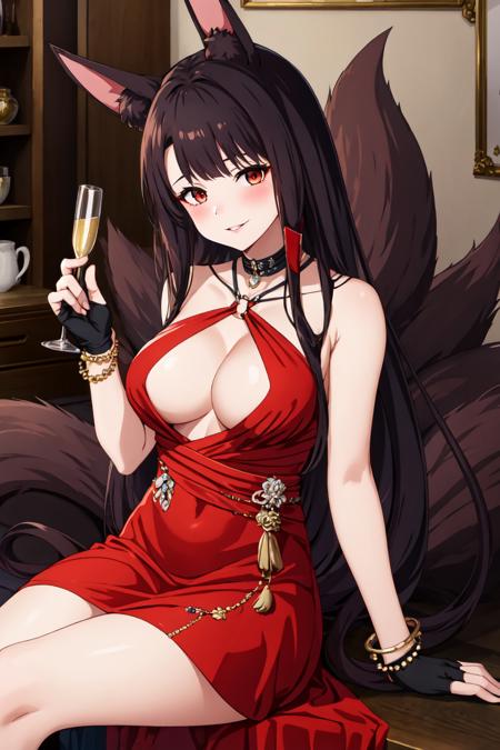 best quality masterpiece, AkagiV5, 1girl, solo, looking at viewer, blush, smile, gloves, dress, holding, cleavage, bare shoulders, jewelry, sitting, parted lips, choker, black gloves, fingerless gloves, bracelet, official alternate costume, cup, animal ear fluff, halterneck, red dress, holding cup, o-ring, drinking glass, halter dress, feather boa, champagne flute, <lora:AkagiV5-10:1>