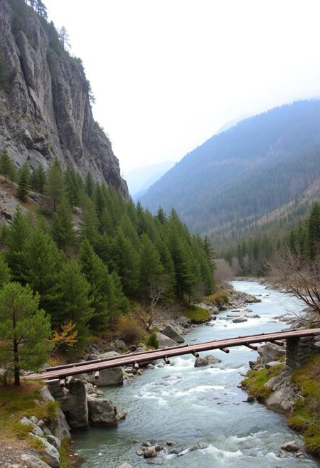 The image depicts a serene, natural landscape dominated by a dramatic rock formation on the left, its rugged face partially covered by a sparse growth of pine trees. The trees extend down the slope, gradually becoming denser and exhibiting a mix of green and subtle autumnal hues as they recede into the valley. A rustic wooden bridge spans a clear, fast-flowing river that winds its way through the foreground, its surface reflecting the overcast sky. The bridge appears well-worn, with stone supports grounding it to the riverbanks. Beyond the river, the valley stretches into the distance, with layers of tree-covered mountains fading into a misty horizon under a soft, diffused light from the cloud-laden sky. The overall atmosphere is tranquil and remote, suggesting an untouched wilderness.