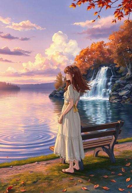 "A serene evening by a quiet lake, inspired by Violet Evergarden, in vibrant 4K watercolor style. The sky is painted in soft purples and oranges as gentle clouds drift across, casting delicate shadows on the reflective water. A young woman in a cream-colored dress with lace details stands still, her auburn hair blowing gently in the breeze. A wooden bench with moss and scattered autumn leaves rests near the shore.
In the background, autumn trees sway gently in the wind, and a waterfall cascades into the lake, creating soft ripples. The misty clouds above the waterfall glow softly in the setting sun. Ripples on the water’s surface add motion, contrasting with the calm surroundings. Light flickers off the water and falling leaves, creating a peaceful, melancholic atmosphere.
The scene is soft, with watercolor textures and a deep perspective. The foreground (bench, leaves) is sharp, while the background fades into a dreamy blur. The overall lighting is warm and golden, emphasizing the peaceful mood. A subtle motion of the waterfall and falling leaves adds depth, allowing for a dolly effect."