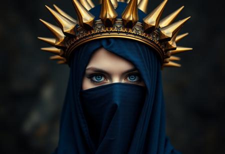 lady in midnight blue veils her face and has a large bronze  spiked crown, in the style of celestial fashion, otherworldly beauty, davide sorrenti, celestial punk, album covers, fra angelico, aykut aydogdu, queen core, golden age aesthetics