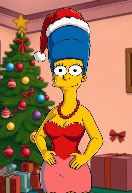 The simpsons comic, 1girl, m_s, Marge, solo, tall beehive hairstyle, round eyes with black pupils, black eyes, perfect tight breasts, Expressiveh, red pearl necklace, blue hair, yellow skin, sexiest pic on earth, perfect woman, goddess alive, marge perfect body, skindentation, showing boobs, dress pulled down to waist, christmas minidress, christmas, santa hat, santa costume, standing, sexy pose, adult pose, teasing, ((horny expression 0.2)), , front view, indoors, christmas tree, presents, small color light on christmas tree, christmas ornaments, sun-ray, depth of field, from above, upper body, detailed background, sharp background, master piece, Good color composition, great quality, (((perfect face))), ((perfect eyes)), perfect hands,