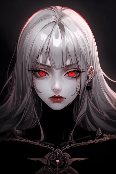 goth girl woman, pale skin, red lips,  japanese bang, high quality, red eyes, simple background, dark background, serious look,  black clothes, choker, detailed face, detailed eyes, black hair, eyelashes, earrings, portrait,  <lora:Goth_girl-v3-000002:0.8>, <hypernet:anime:1.0>