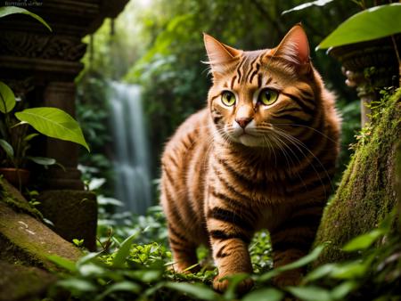 (a cat_adventurer), (adventurer outfit), searching for treasure, epic overgrown temple ruin, epic scene, lush plants,dynamic camera, backlight, (close up:1.3), high quality photography, 3 point lighting, flash with softbox, 4k, Canon EOS R3, hdr, smooth, sharp focus, high resolution, award winning photo, 80mm, f2.8, bokeh