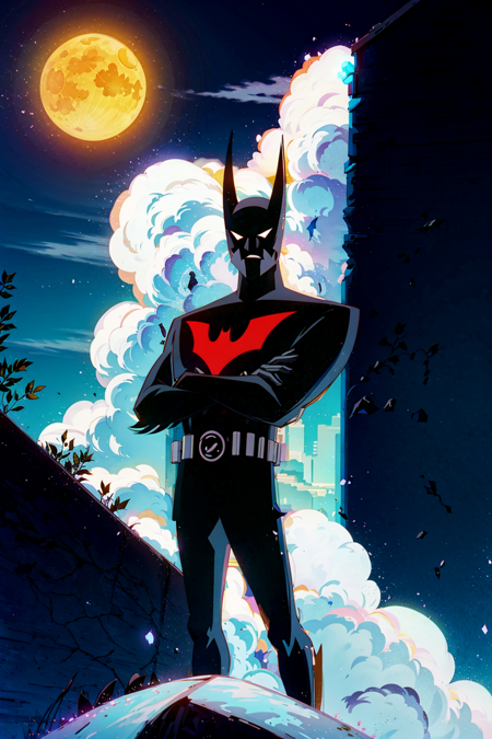 Batman-Beyond, male focus ,standing, crossed arms,
, (colorful),(finely detailed, detailed face),cinematic lighting, extremely detailed CG unity 8k wallpaper,solo,smile,
sky, cloudy_sky, building, moonlight, moon, night, (dark theme:1.3), light, fantasy, <lora:Batman_Beyond-20:1>