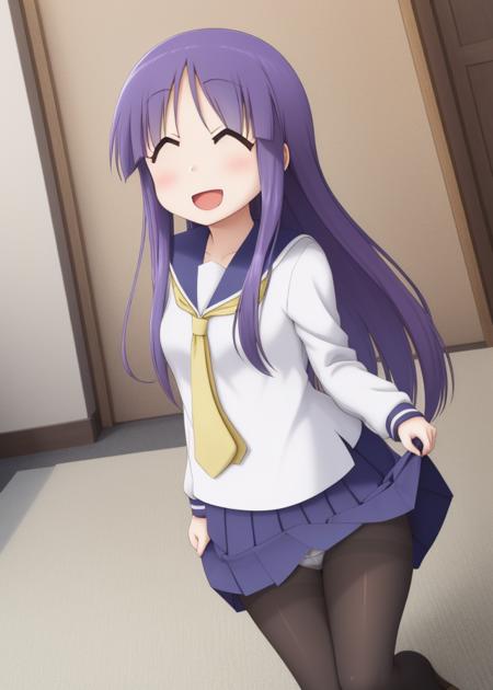 <lora:Hinata_Yukari-10:1>,Hinata_Yukari, 1girl, solo, long hair, school uniform, purple eyes, :d, ^_^,closed eyes, purple hair, pantyhose, pleated skirt, serafuku, white panties, black pantyhose , pantyhose pull,