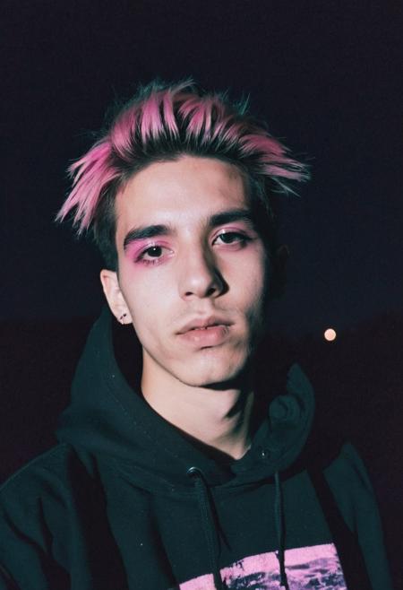 go pro photo, half body,1man, 25 y.o. , night , low andle, bright clothes 90's, grainy photo, analogue glitch effect, emo, black and pink clothes, black eyeliner