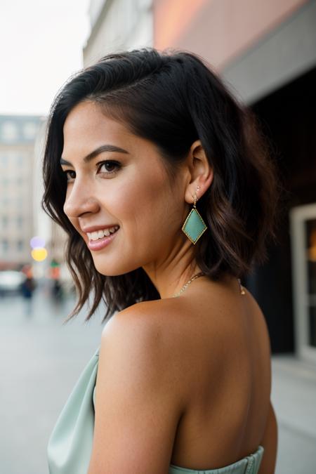 Realistic photo of a beautiful 0l1v14m woman,  1girl, solo, breasts, smile, short hair, black hair, dress, brown eyes, jewelry, medium breasts, upper body, earrings, teeth, blurry, lips, looking to the side, sideboob, blurry background, watermark, web address, realistic, very short hair, photo background, soft lighting, professional Photography, Photorealistic, detailed, RAW, analog, sharp focus, 8k, HD, DSLR, high quality, Fujifilm XT3, film grain, award winning, masterpiece<lora:0l1v14m:1.0>