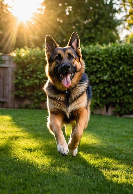 German shepherd dog, 
mid-tumble over a well-worn football, 
tongue lolling out in a wide grin, 
evening golden light casting elongated shadows, 
playful scene unfolding in a lush, 
green backyard, 
focus on gleeful expression, 
fur texture detailed, 
dynamic motion blur emphasizing playfulness, 
shallow depth of field with bokeh effect in background, 
sun flare, 
digital painting, 
vibrant color palette, 
high resolution.