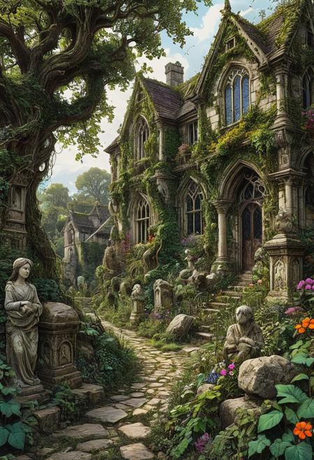 A winding gravel path, overgrown with vines and moss, meanders through a forgotten, yet majestic garden, where crumbling stone statues stand amidst a riot of brambles and colourful wild flowers, leading to a mysterious, dilapidated house that blends medieval and Victorian gothic architectural styles, an intricate web of ivy covering its walls, highly detailed, sharp focus, capturing the textures of the stone and the delicate patterns on the stained glass windows. In the right foreground an ancient oak. ink art, line art