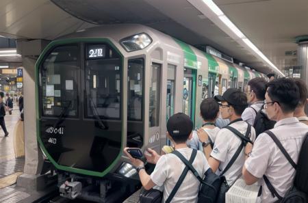 best quality, ultra-detailed, illustration,
OsakaMetro400, subway station, phone, train station, multiple boys, holding phone, black hair, bag, train, cellphone, mask, watch, wristwatch, holding, baseball cap, mouth mask, shirt, hat, 6+boys, short hair, white mask, smartphone, train interior, white shirt, multiple girls, backpack
 <lora:OsakaMetro400_SD15_V1_DIM4:1>