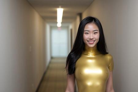 1 asian woman, 21 years old, black eyes, realistic face, looks friendly and smiles a little, black hair, slightly wavy hair, long hair, full body, petite body, small breasts, barefoot, wearing a silk gold catsuit, standing facing the photographer in an old hotel hallway, eyes looking to viewer, focus on face