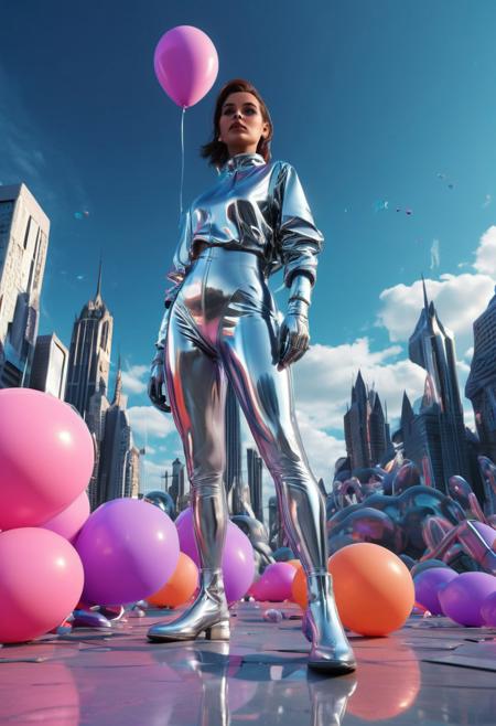 A futuristic woman standing confidently on the ground, surrounded by a sky filled with floating, neon-colored balloons of various shapes, the scene viewed from a low-angle perspective, her reflective silver outfit shining under the bold, pop-art inspired cityscape in the background, dynamic clouds above, cinematic lighting, ultra-realistic, 8k resolution, wide-angle lens, energetic and vibrant atmosphere.
3DMM, aid291