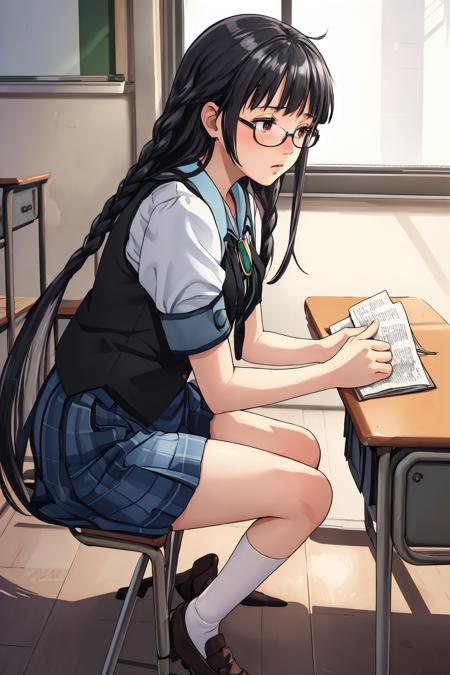 masterpiece, best quality, solo, 1girl, full body, sitting at desk, (classroom:1.5),<lora:Sakajo_Hikaru_v2-000190:0.8:lbw=MIDD>, glasses, black hair, school uniform, serafuku, plaid skirt, twin braids, red eyes, blue sailor collar, white lace panties, green brooch, medium breasts, thicc thighs, (black vest:1.2) (very long hair, straight hair:1.5), (white socks, black shoes:1.1), loafers, pov, shy, embarrassed, side view, reading a book, from above,