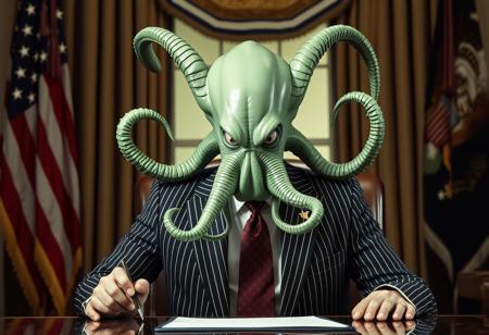 president cthulu in a sharp pin striped suit posing for presidential portrait in the oval office, real photograph, signing bill, ominous evil, empty eyes