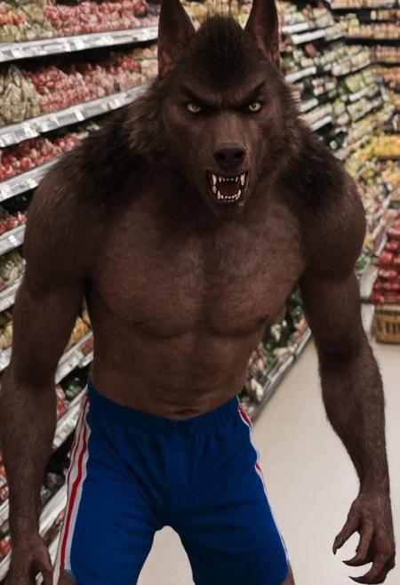werewolf, werewolf of fever swamp, blue shorts, white and red stripes, claws, hand, fcNeg, front view, facing you, toe_claws, snarling, in a supermarket aisle, closeup