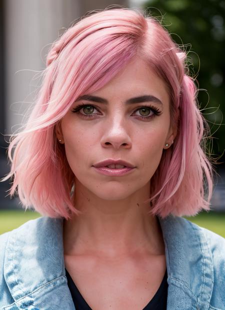 closeup portrait of skswoman, confused , wearing shorts , with pink Half-up, half-down hairstyle , background capitol building epic (photo, studio lighting, hard light, sony a7, 50 mm, matte skin, pores, colors, hyperdetailed, hyperrealistic), <lyco:Maribel Verdu:1.1>