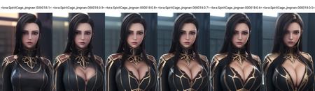 (8k, best quality, masterpiece:1.2),(detailed eyes), \(detailed facial features\), \(\(detailed clothes features\)\), upper  body,(large breasts, cleavage),(face focus),extremely detailed CG unity 8k wallpaper, huge filesize, ultra-detailed, highres, absurdres,beautiful eyes,ray tracing, dramatic shadows,fine detail,dramatic angle,high saturation,lens flare,(standing),soft light,Detailed skin texture, detailed clothing texture,looking at viewer,
1girl, solo, <lora:SpiritCage_jingnan-000018:1>