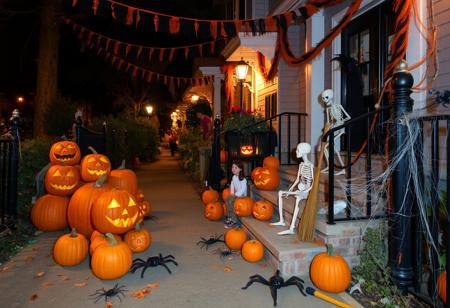 On a Halloween night, the street is full of Halloween elements. There are pumpkins everywhere, some carved into grotesque faces with sharp teeth and triangular eyes. Skeletons made of plastic are placed at the entrances of some houses. Witch broomsticks lean against the walls. Orange and black streamers flutter in the breeze. Haunted - looking dolls are scattered on the steps. There are also fake spiders and their webs clinging to the fences.