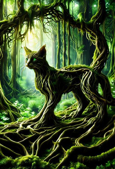 a mystical cat made of intertwined tree roots and moss, glowing green eyes, bark-like fur, ethereal forest background, fantasy creature design, detailed textures, soft ambient lighting, surrounded by floating spores and glowing plants, peaceful and mysterious atmosphere, morph-treeroots
<lora:TreeRoots_SDXL:1.0>