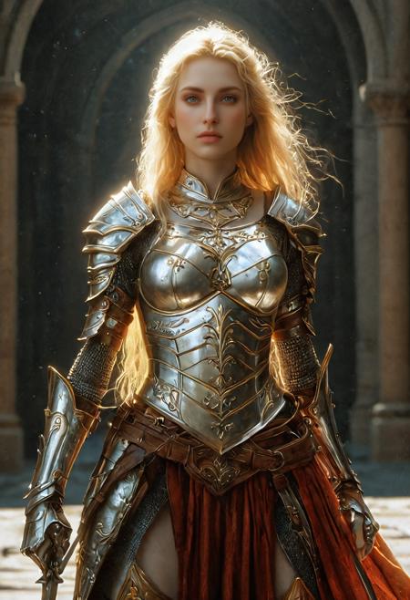 (an epic realistic photo of a beautiful female elf knight:1.12), (she has long blonde hair), (she wears a shining embossed silevr and gold knight's armor), trending on artstation, (high quality:1.2), (masterpiece:1.2), high details, incredibly absurdres, colorful, (realistic cinematic photo:1.33), (Luis Royo Style:1.31), (Gerald Brom Style:1.19), (Paolo Eleuteri Serpieri Style:1.25), (comp_top:1.16), (raw photo:0.74), (high fantasy castle interior background:0.56), (dynamic active poses)