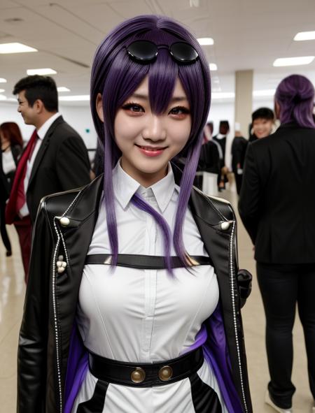 best quality, masterpiece, highres, detailed, realistic, <lora:Detail - add_detail:0.2>,  <lora:Character - KafkaHonkai:0.6>, KafkaHonkai, sunglasses on head, purple eyes, purple hair, white shirt, black jacket, open jacket, evil smile,  cosplay, cosplay convention, 30 year old asian woman,