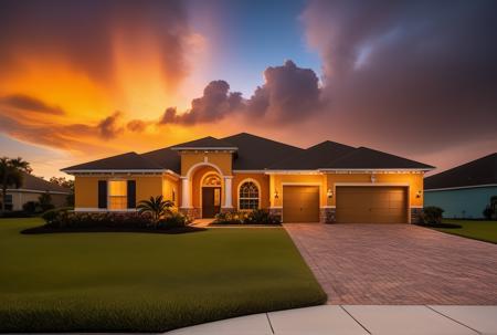 sunset, Florida, Sarasota, real estate, dramatic sunset, clouds, golden hour, golden ratio composition,  intricate detail , 8k, , dynamic, cinematic, ultra-detailed, full background,  epic location, vacation photography, magical location, epic, sparkle, glitter, scenery, ((no humans)), drizzle, beautiful, (shiny:1.2), monolithic, bloom:0.4, sparkle, extremely detailed, multicolored fire theme, alluring lighting, rim lighting, HD. Photography real estate photography by Larry Hanna, Jason Miller, Anthony Dimaano, Alex Tonetti, Shawn Talbot.