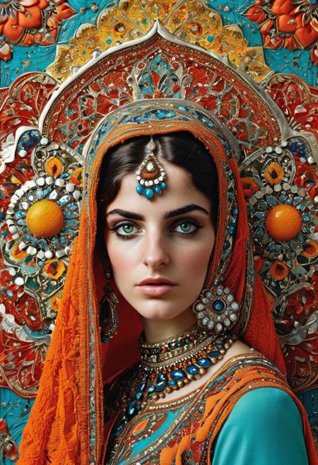 Persian color palette , Persian art, Persian girl, Persian, Iranian, Iran,photography in the style of detailed hyperrealism,fantasy,Tim Walker, Jamie Hewlett,hyper detailed,intricate, poster,artstation,perfect composition,very weird forms,screenshot ,dof <lora:add-detail-xl:0.5>