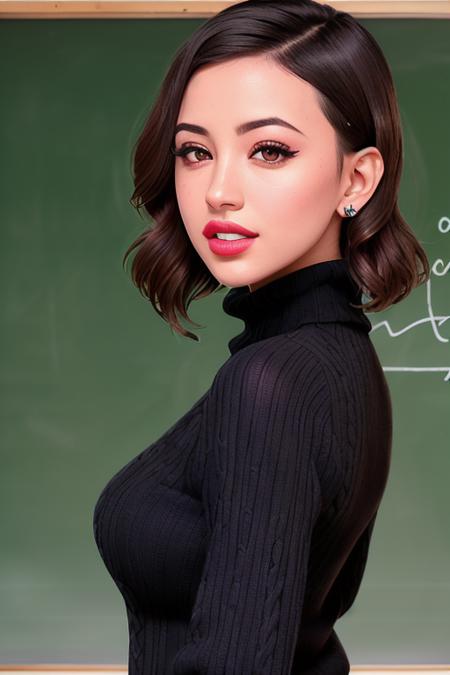 photo of beautiful cserratos-3520:0.99, a woman, ((short hair)), ((classroom, chalkboard):1.2), ((turtleneck sweater):1.2), ((closeup, portrait):1.2) ((best quality, masterpiece):1.2), ((red lips, eye shadow, eyeliner):1.1), (photorealistic:1.2) (best quality) ((detailed eyes, detailed face):1.2)(intricate details) (8k) (HDR) (cinematic lighting) (sharp focus)