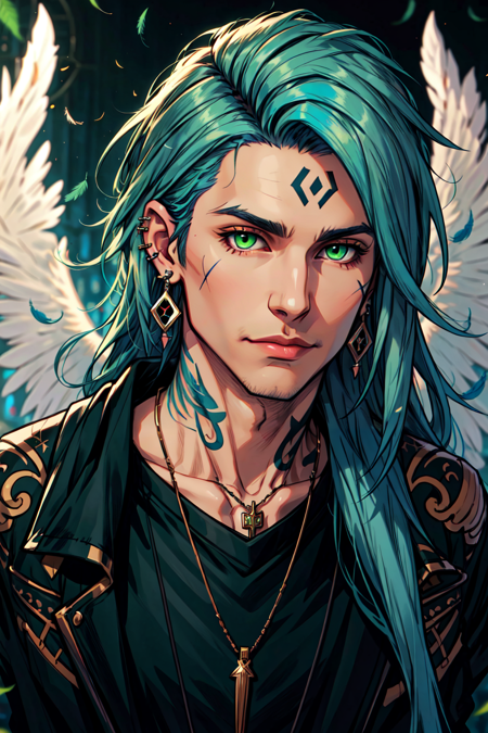 <lora:AeronXvoor0.5> Aeron X'voor, solo, long hair, looking at viewer, 1boy, jewelry, closed mouth, green eyes, blue hair, upper body, male focus, earrings, wings, necklace, blurry, tattoo, piercing, feathers, ear piercing, feathered wings, extra ears, Osenayan Mode