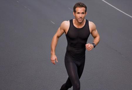 Homoerotic full body photograph of ryan reynolds a man <lora:ryan-raynolds:1>,  <lora:SMUXL:1>, smusmu, black sheer see-through tights, marathon running in street, full body, HDR, high quality, chest,