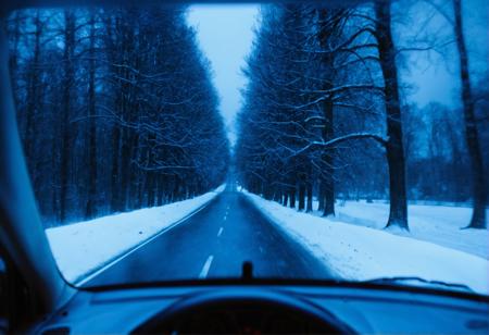 davidfincherstyle, the image is dark and dreary, with snow covering the ground and trees. The car's windshield shows a view of the road ahead, and the driver's seat is visible. The environment is cold and snowy, with trees lining the road. The shot composition is a first-person perspective, giving the viewer a sense of being inside the car. The image has a cool, blue color temperature, which adds to the overall mood of the scene.