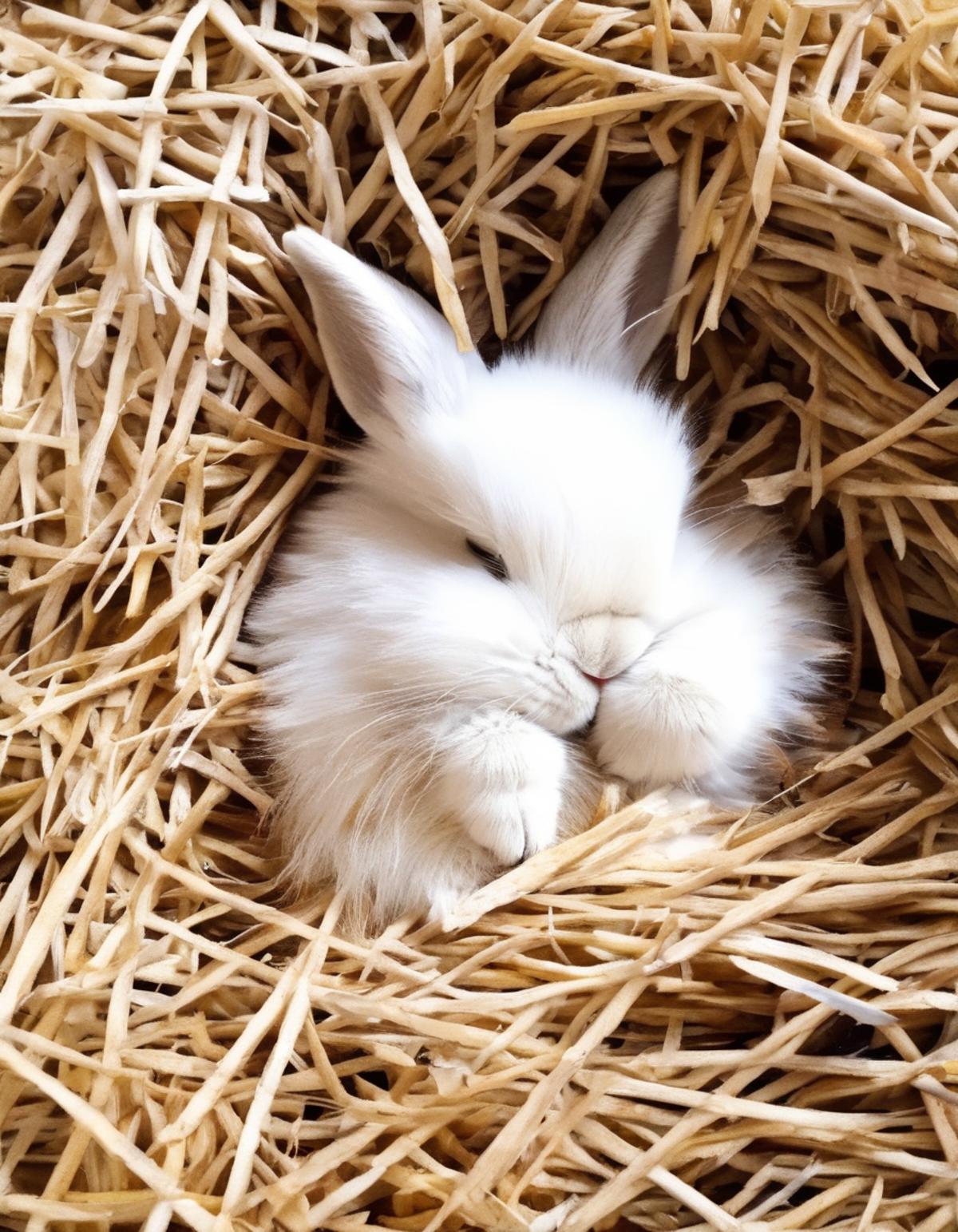 A white, furry bunny rabbit rests comfortably in a pile of hay.