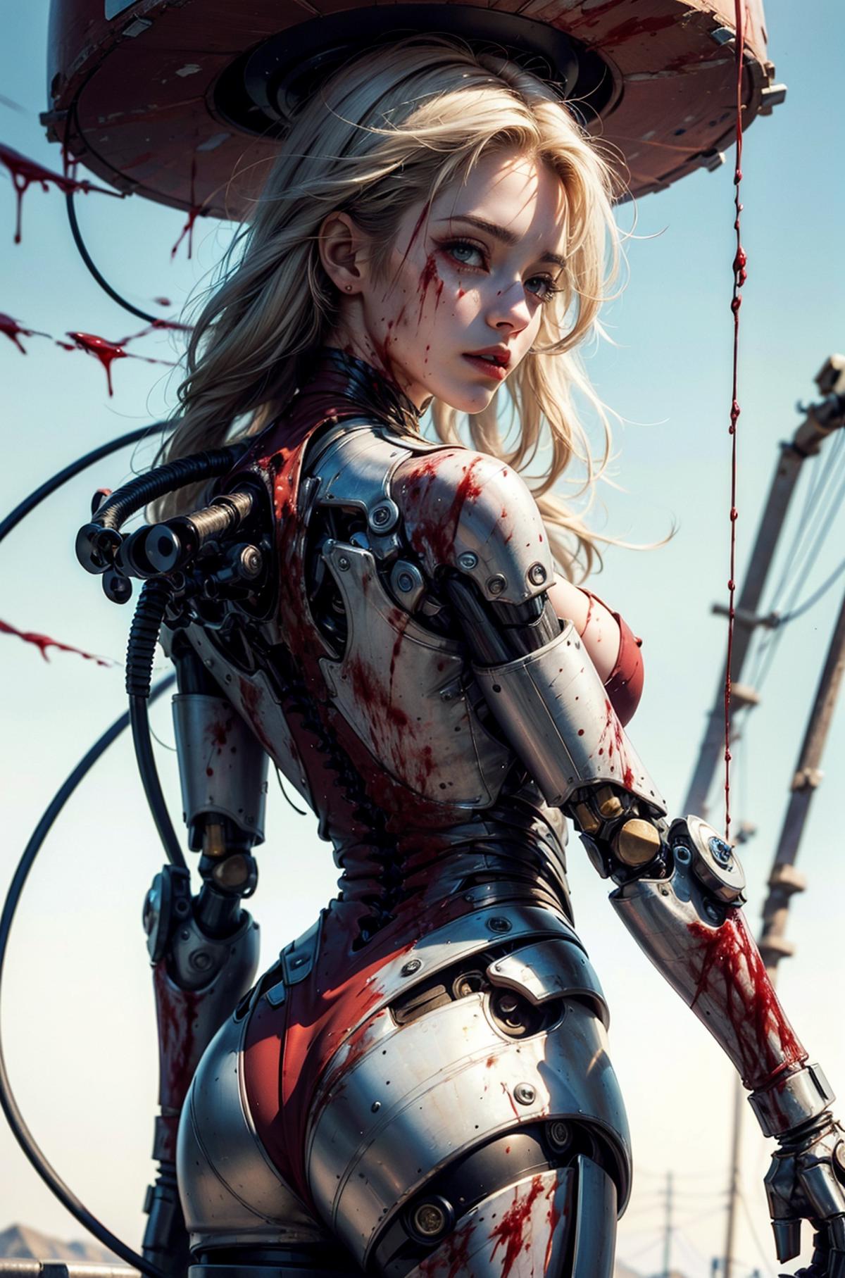 A woman in a metal suit with blood and wires on her.