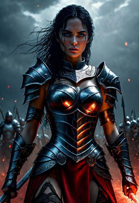 Ultra detailed digital art masterpiece Warrior girl dressed in a iron Armor and red mini skirt, Standing on a battlefield at the head of an army of knights, where a bloody slaughter is taking place, standing in battle pose, a dark epic fantasy, perfect lighting, beautiful Warrior girl, attractive woman, elegant, beautiful woman of athletic body,  epic shot of the whole Warrior girl, unreal engine 5 nanite quality, dark fantasy, dark environment, very stormy day, LOTR style, dark washed out eyeliner, no make up, natural bloody pale face, realistic blue eyes, ultra detailed atmospheric details, beautiful glowing effects, sparkle effects, realistic body proportions, beautiful face proportions, complex masterpiece, wavy raven black hair, creative glowing detailed tattoos, complex physics, enhanced colors, complimentary colors, ultra detailed raytracing reflections, Ultra detailed complex background, environment feels alive, direct eye contact, dramatic lighting, wet and sweaty skin, beautiful firm Breasts, Daylight, Concept art by Greg Rutkowski, adding to the intense and dynamic atmosphere of the scene.