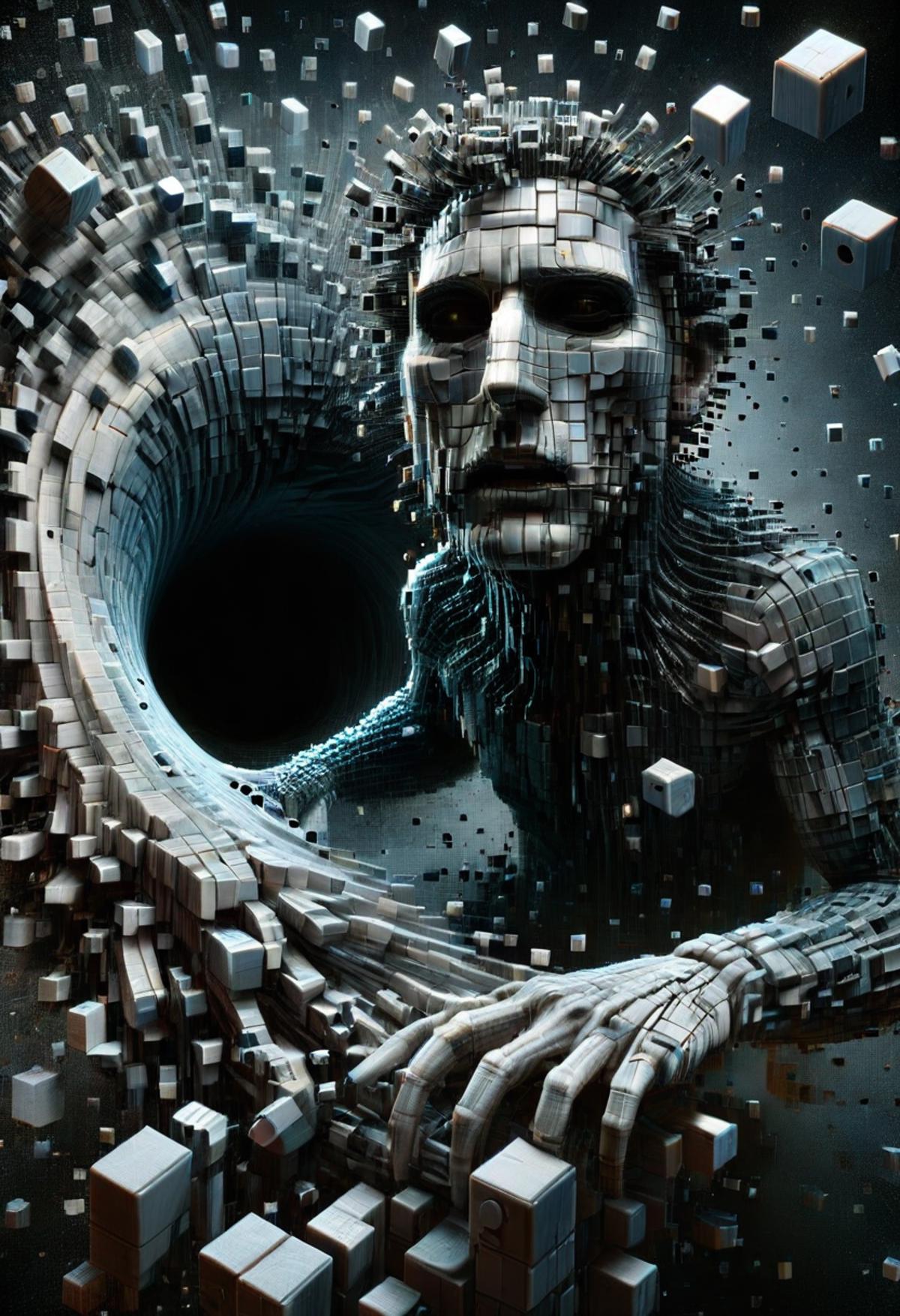 Robotic Man with a Creepy Face and Hands in a Cube of Blocks